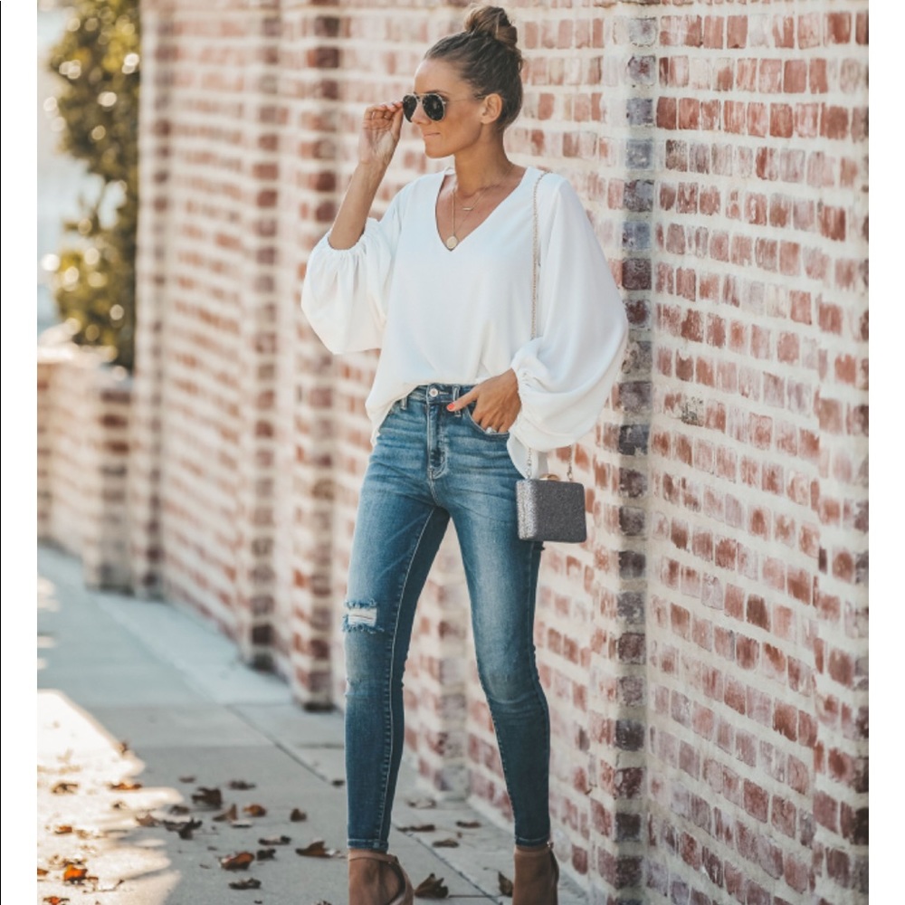 Vici - White chiffon top with balloon bell sleeves